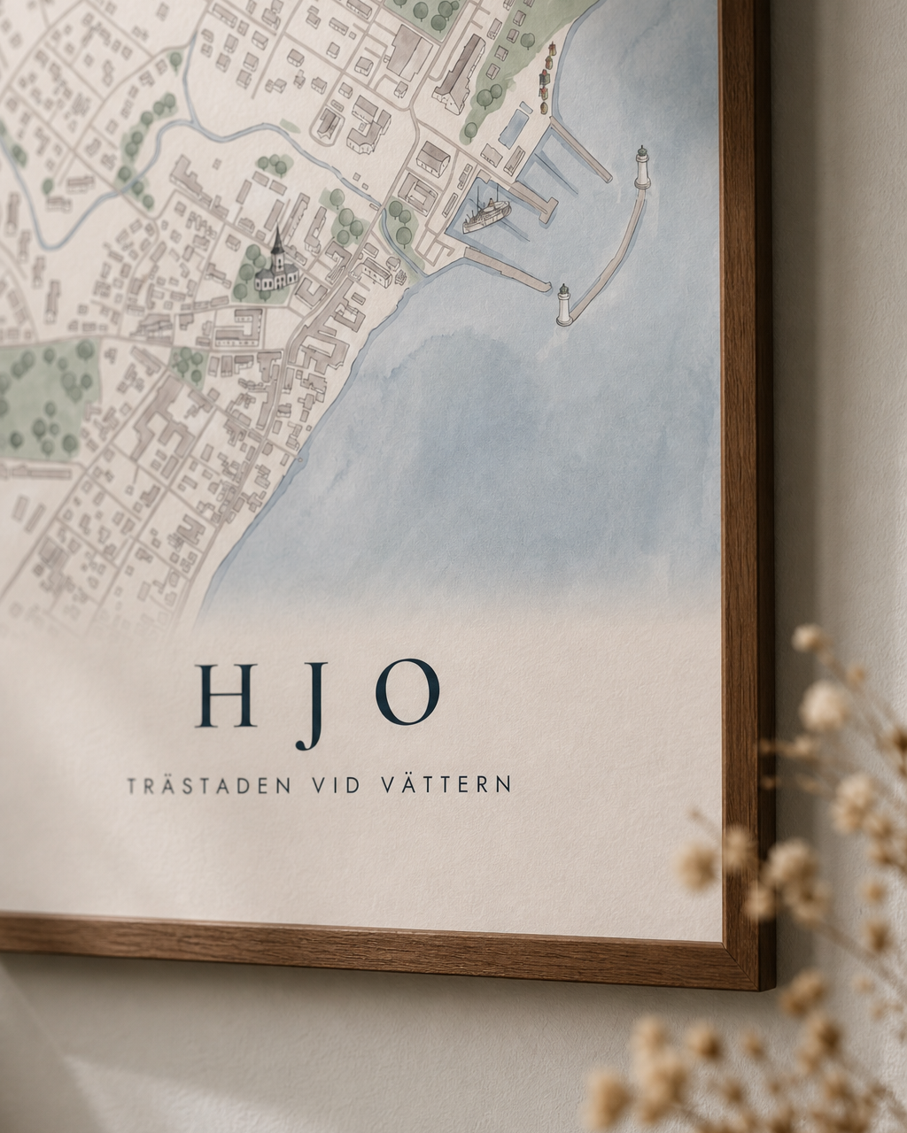 Närbild på Karta över Hjo i ram – hamnen och fyrarna