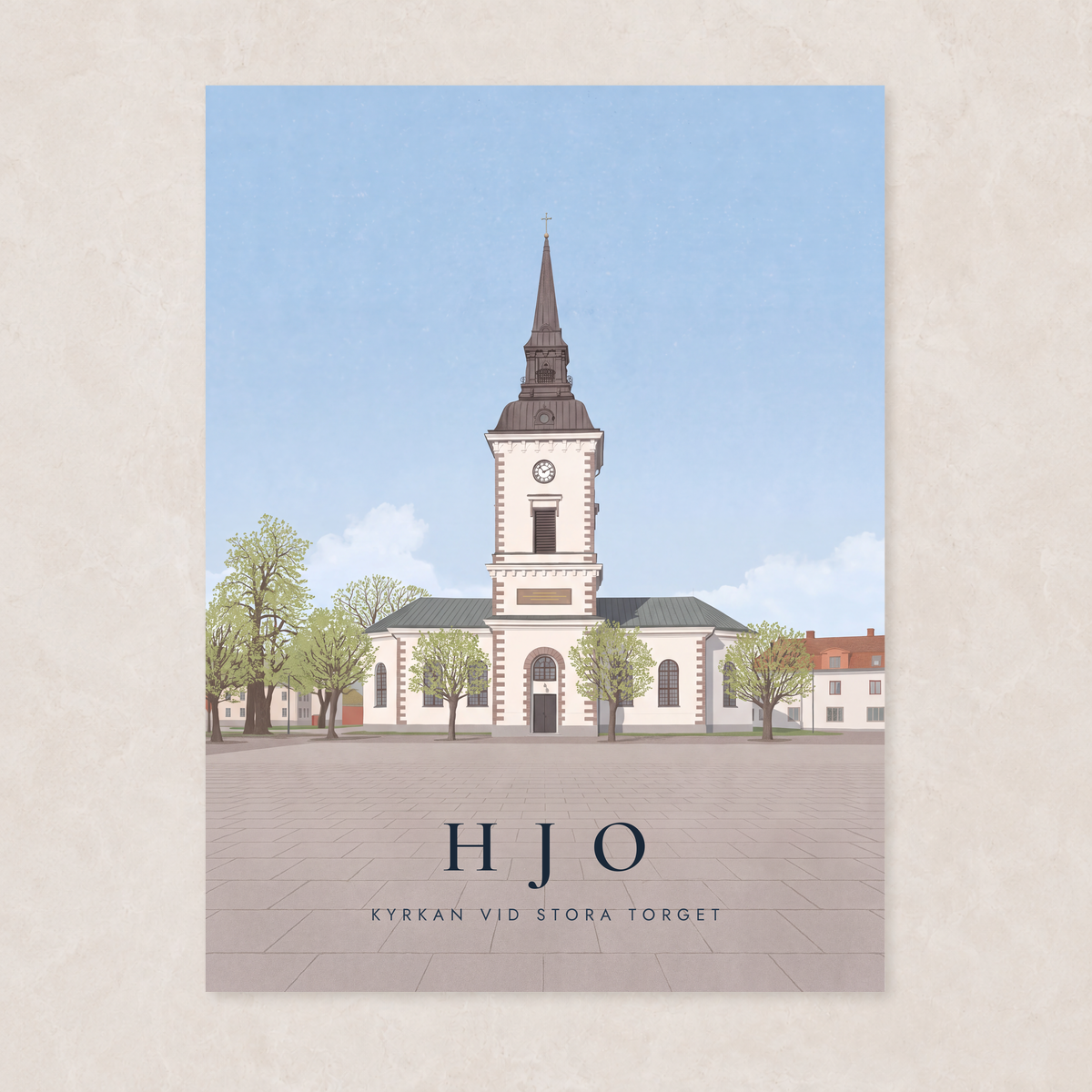 Poster med Hjo kyrka vid Stora torget, utan kant